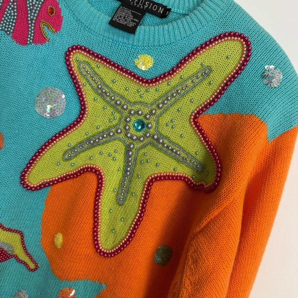 Vintage IB Diffusion Sport Sweater Womens Medium Blue Orange Sea Life Beaded 90s - Picture 4 of 11